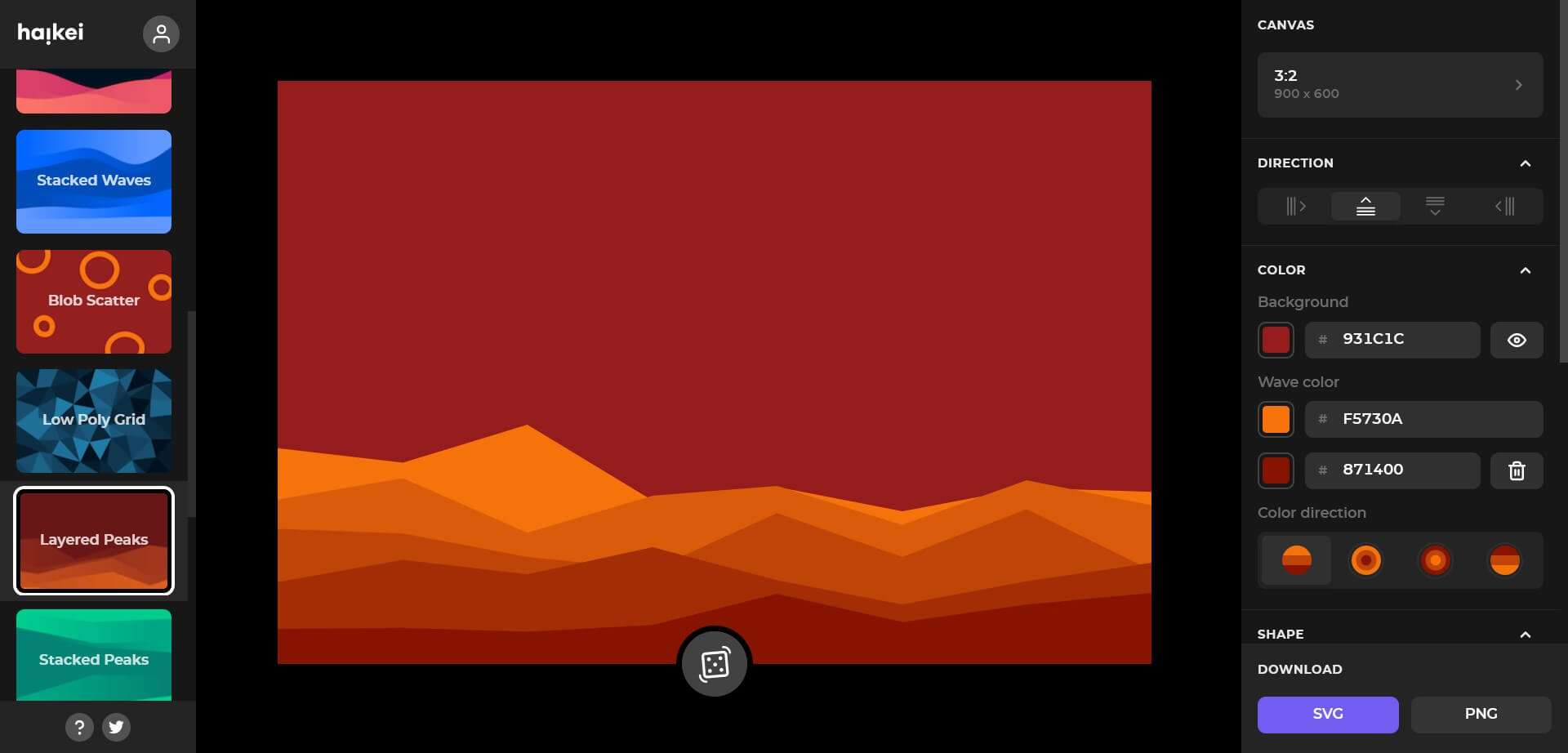 A screenshot of Haikei generating a layered peaks svg background