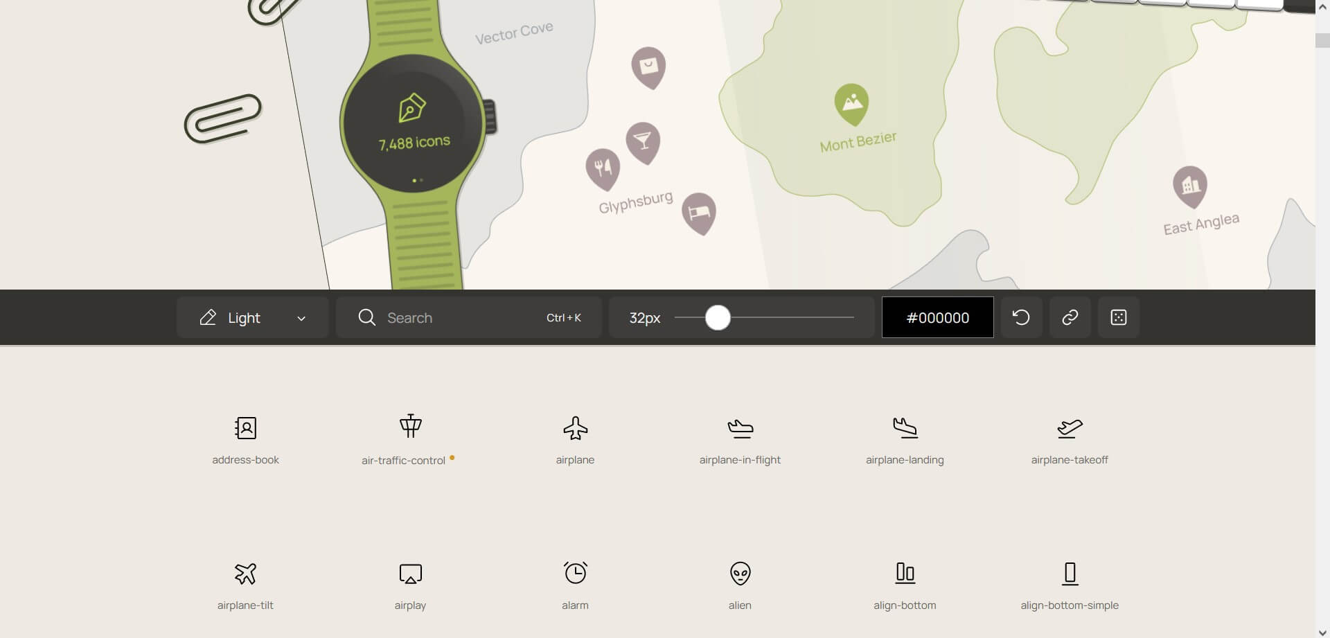 A screenshot of the Phosphor icons website